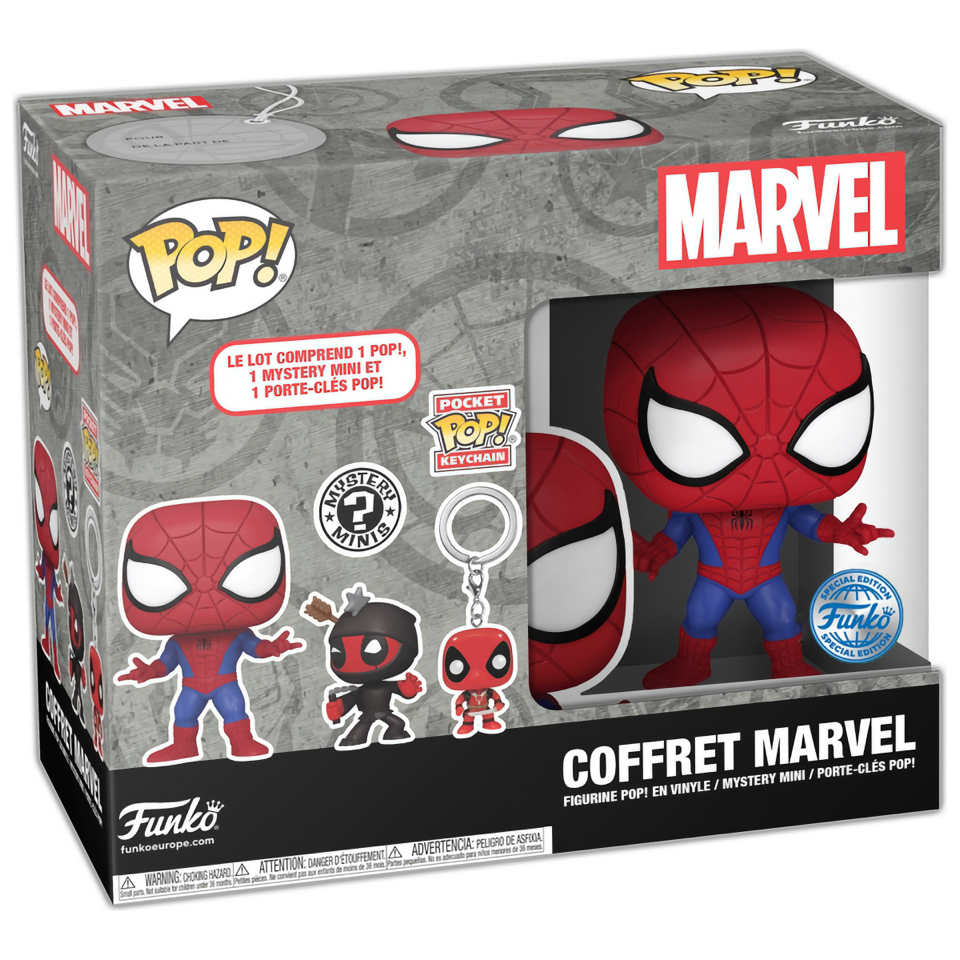 Funko POP Coffret Marvel avec Spider Man POP 956 SE + Mystery Mini + Keychain Daepool